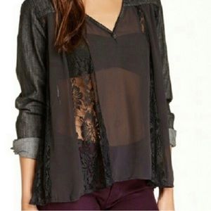 Free People black denim, lace, long sleeve top